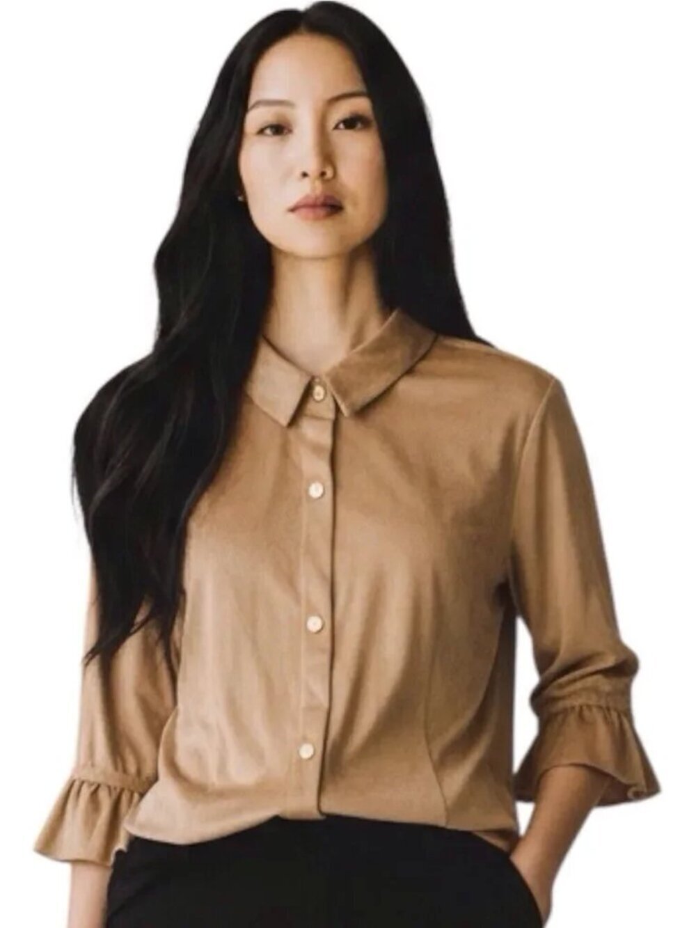 Gretchen Scott Faux Suede Button Down Shirt With Ruffle Cuffs Size S
